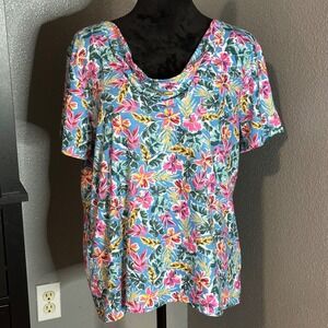 Island Collection Stella Parker Blouse Large Tropical Floral Draped Neck Summer